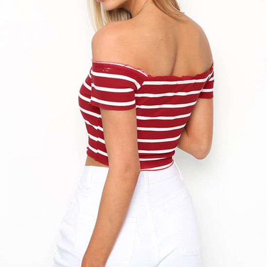 Image Title Red Striped Off Shoulder Crop Top - Side